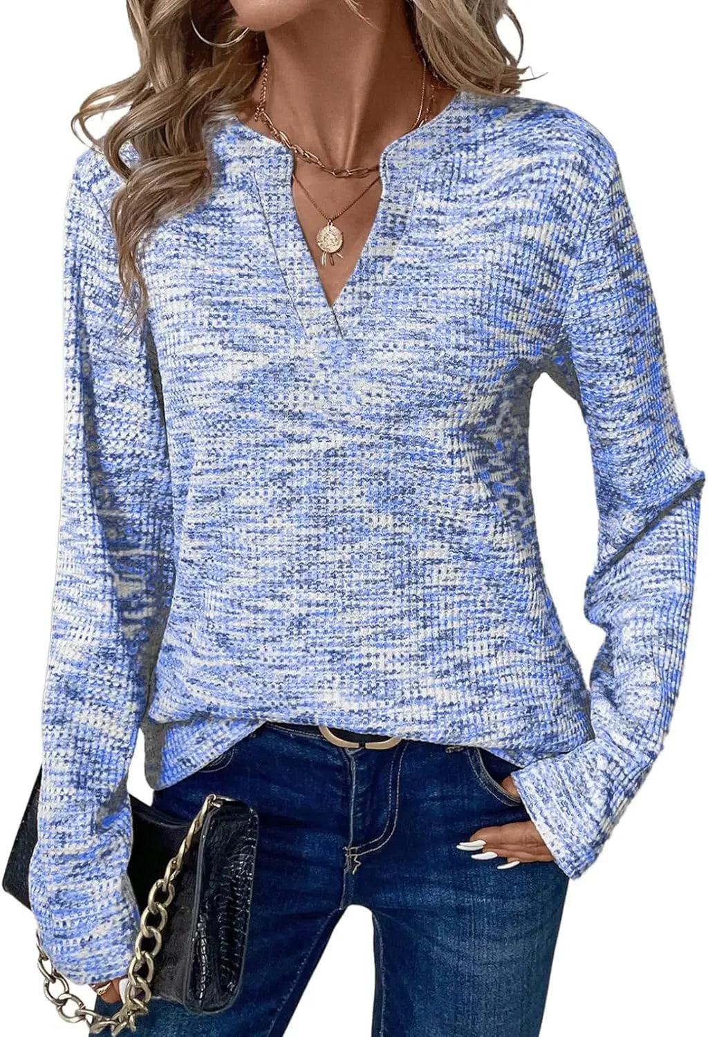 New Womens Notched V-Neck Long Sleeve Space Dye Waffle Knit Blouse Casual Loose Fit Top for Daily Wear by All Mart Bristol Ltd