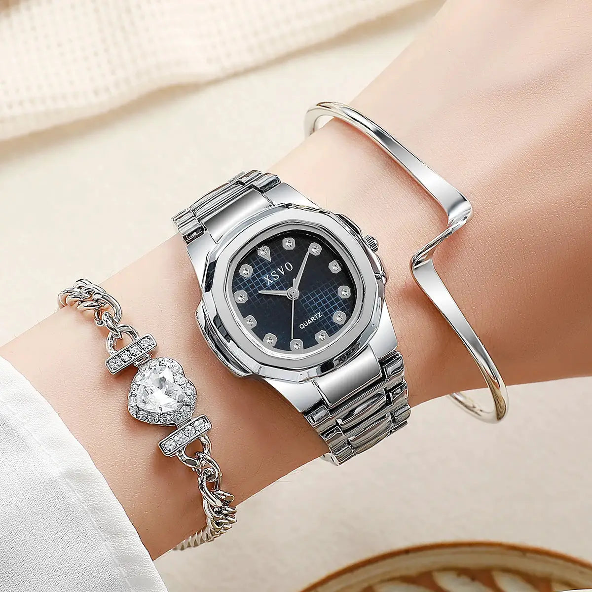 No gift box, small batch watches, Korean version of the square versatile quartz watches heart-shaped diamond bracelet 3 sets by All Mart Bristol Ltd