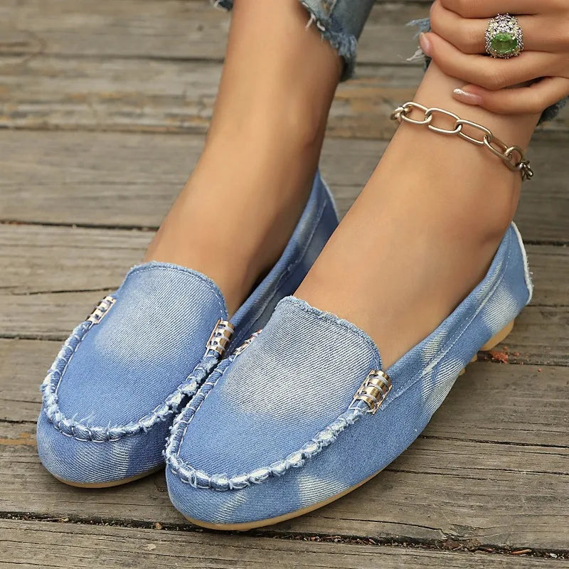 Fashion Light Blue Denim Moccasins Slip on Flat Loafers with Metal Buckle Casual Comfort Daily Shoes by All Mart Bristol Ltd