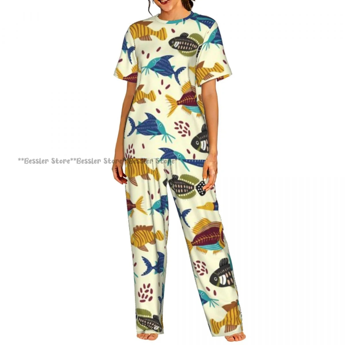 Women's Comfort Pajamas Women's Sea Fish Marine Life Short Sleeve Set Sleepwear by All Mart Bristol Ltd