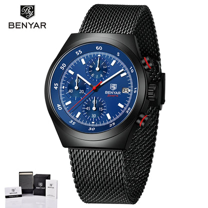 BENYAR Top Luxury Brand Men's Business Leisure Watch Mesh Band Quartz Timing Men's Watch 30 Meter Waterproof by All Mart Bristol Ltd