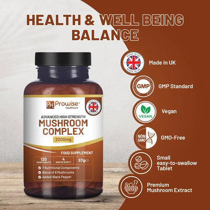 dvanced Mushroom Complex 2000mg | A super blend of 6 Mushroom with Lions Mane, Chaga, Cordyceps, Shiitake, Reishi and Maitake with Black Pepper | 120 Vegan High Strength Tablets | Made in UK by Prowise by Prowise Healthcare