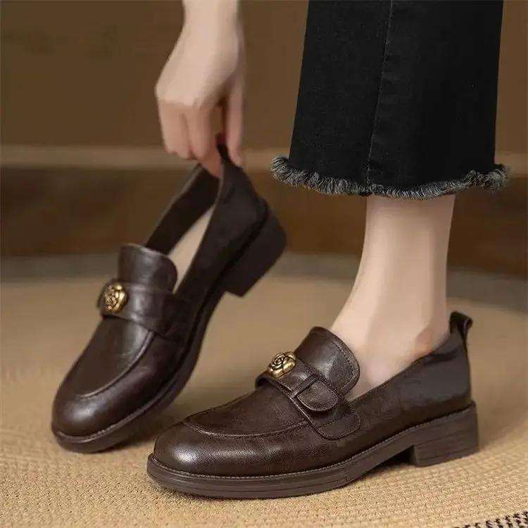 2026 New Lazy Commute Flat Shoes For Women, Camellia Loafers, Soft Leather Vintage Distressed British Style Small Leather Shoes by Dropshipman
