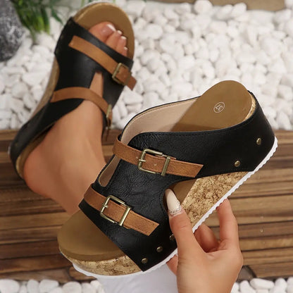 Ins Buckle Wedges Sandals Summer Fish Mouth Thick High Heel Slides Slippers Outdoor Fashion Beach Roman Shoes For Women by Dropshipman