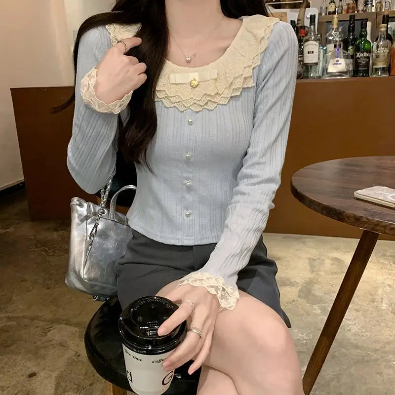 Women's 2026 Spring Autumn New Sweet Cute Lace Thin Short Slim Fit Crew Neck Long Sleeve T Shirt Base Top by All Mart Bristol Ltd