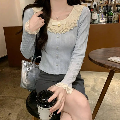 Women's 2026 Spring Autumn New Sweet Cute Lace Thin Short Slim Fit Crew Neck Long Sleeve T Shirt Base Top by All Mart Bristol Ltd