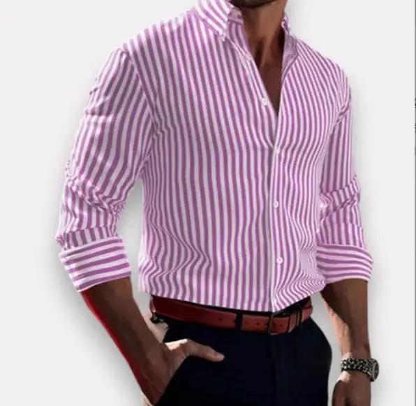 Ins Stripe Printed Long Sleeve Shirt Men Fashion Casual Lapel Button Top Clothing by Dropshipman