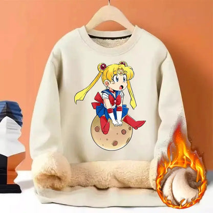 Sailor Moon Woman Thick Sweatshirt Lamb Wool Round Neck Hoodid Girl Cute Long Sleeves Fashion Sportswear Winter Warm Cartoon Top by All Mart Bristol Ltd