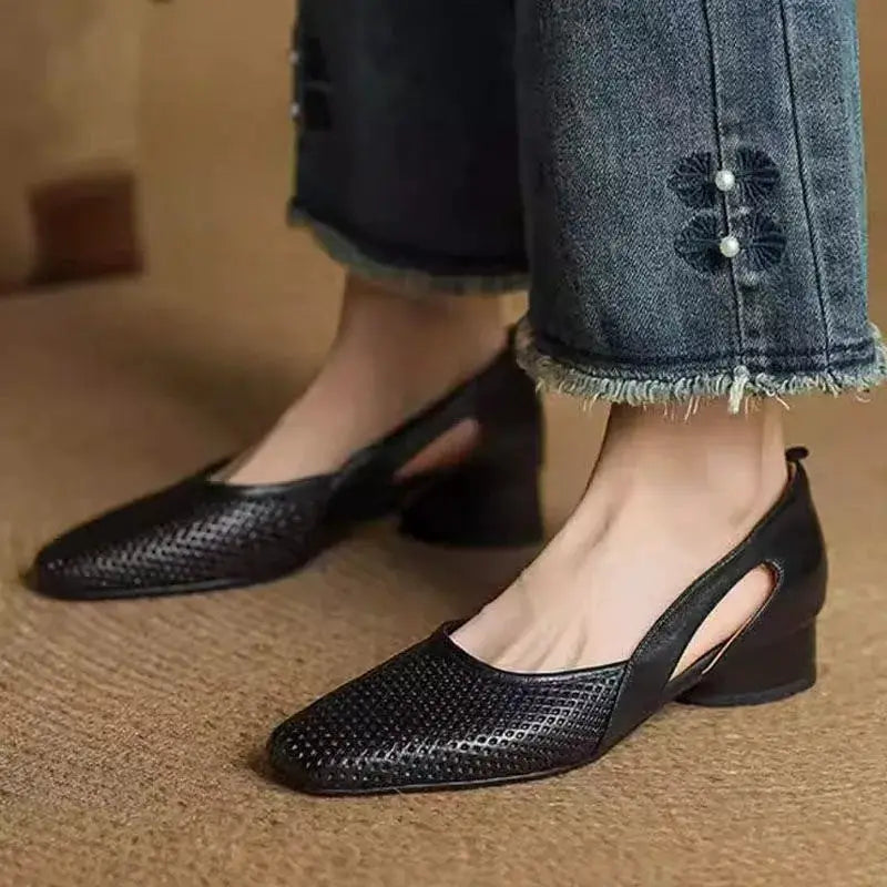 Spring Summer Women's Breathable Square Toe Low Heel Slip On Flats - French Vintage Soft Sole Casual Commuter Office Shoes by All Mart Bristol Ltd