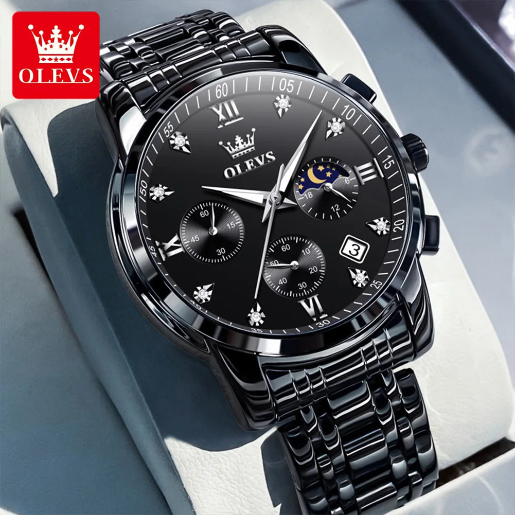 OLEVS Popular men's watches stainless steel black Moon Phase Chronograph quartz watch for man date Original brand wristwatch by All Mart Bristol Ltd
