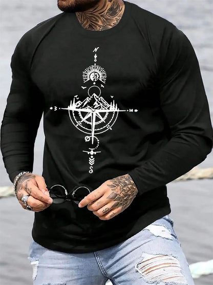 100% pure cotton men's long sleeved round neck loose casual mountain and compass printed spring and autumn versatile T-shirt by All Mart Bristol Ltd
