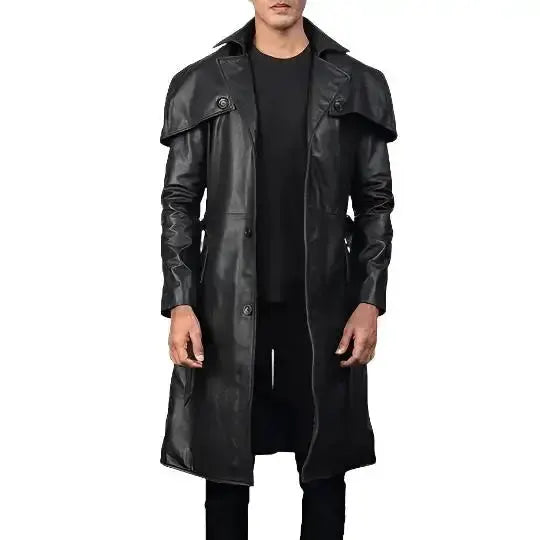 Men's Black Leather Trench Coat by Riders Republic UK