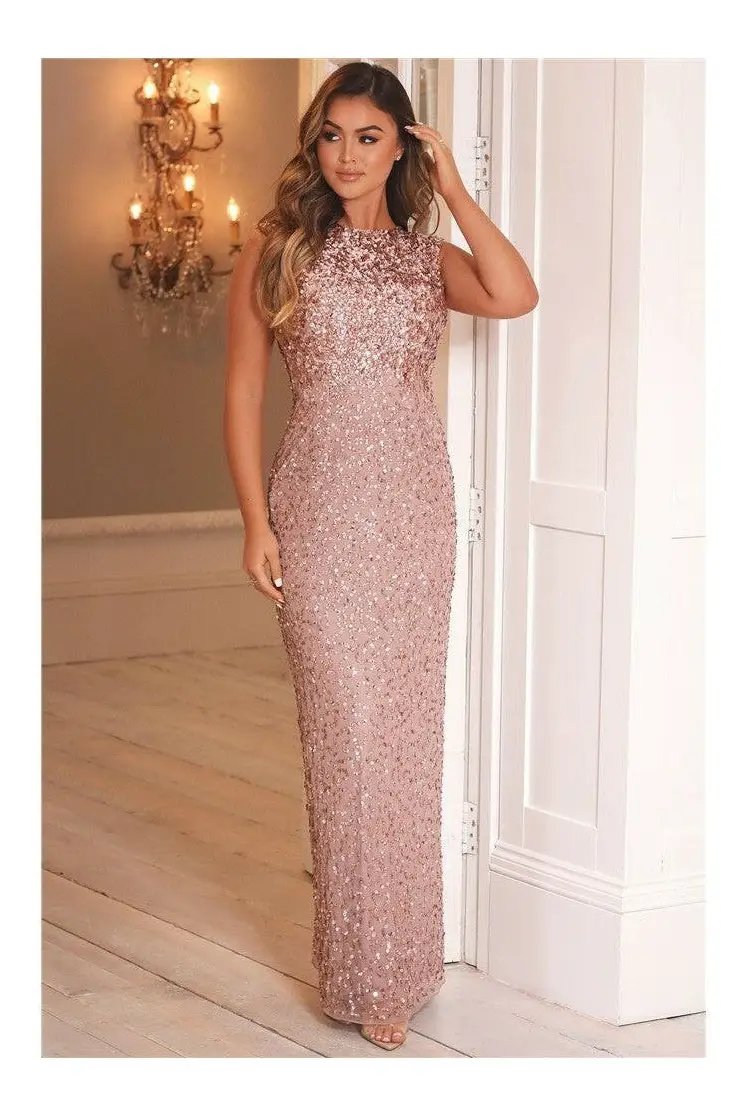 Blakely Rose Gold Sequin Maxi Dress by Aftershock London