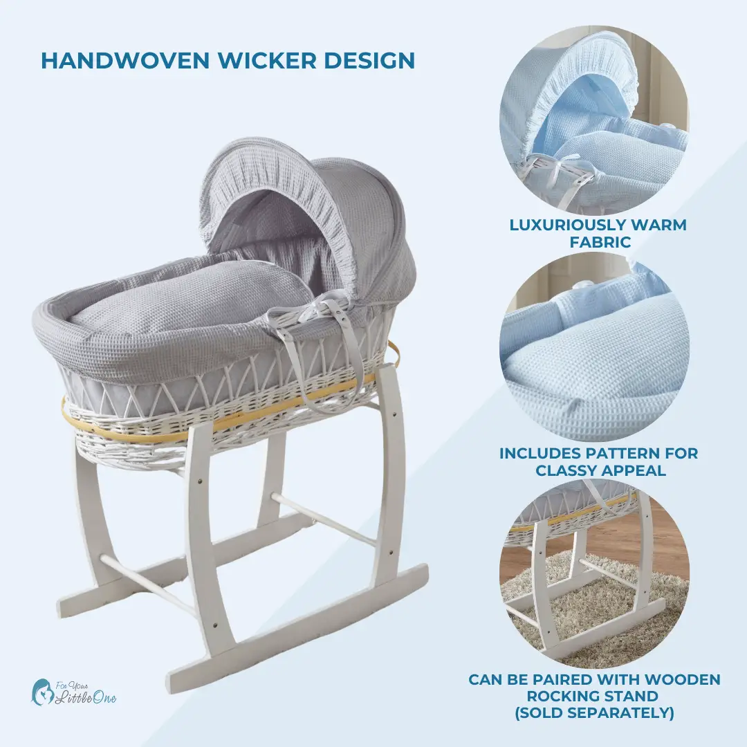 White Waffle Grey Wicker Baby Moses Basket With Stand by For Your Little One
