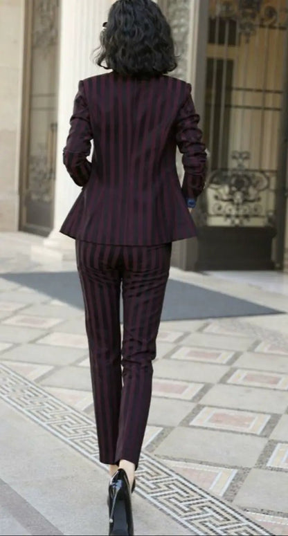 Burgundy stripped 2-piece pants suit (UK size 10) by EDKAY COLLECTION UK