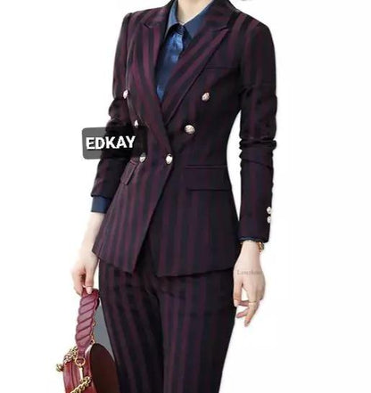 Burgundy stripped 2-piece pants suit (UK size 10) by EDKAY COLLECTION UK