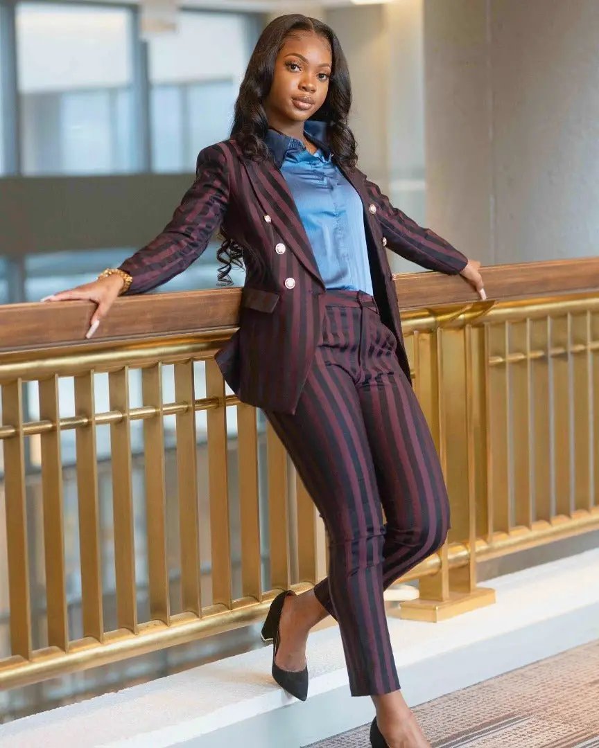 Burgundy stripped 2-piece pants suit (UK size 10) by EDKAY COLLECTION UK