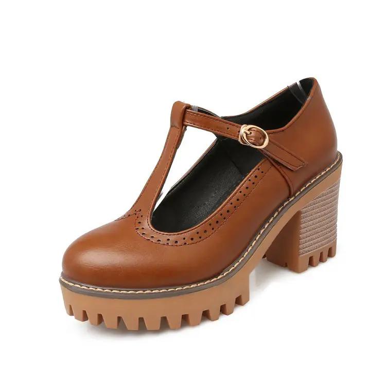 Korean-style Low-Top Single-Buckle Japanese-Style Retro Lace-trimmed Thick-soled Womens High Heels by Dropshipman