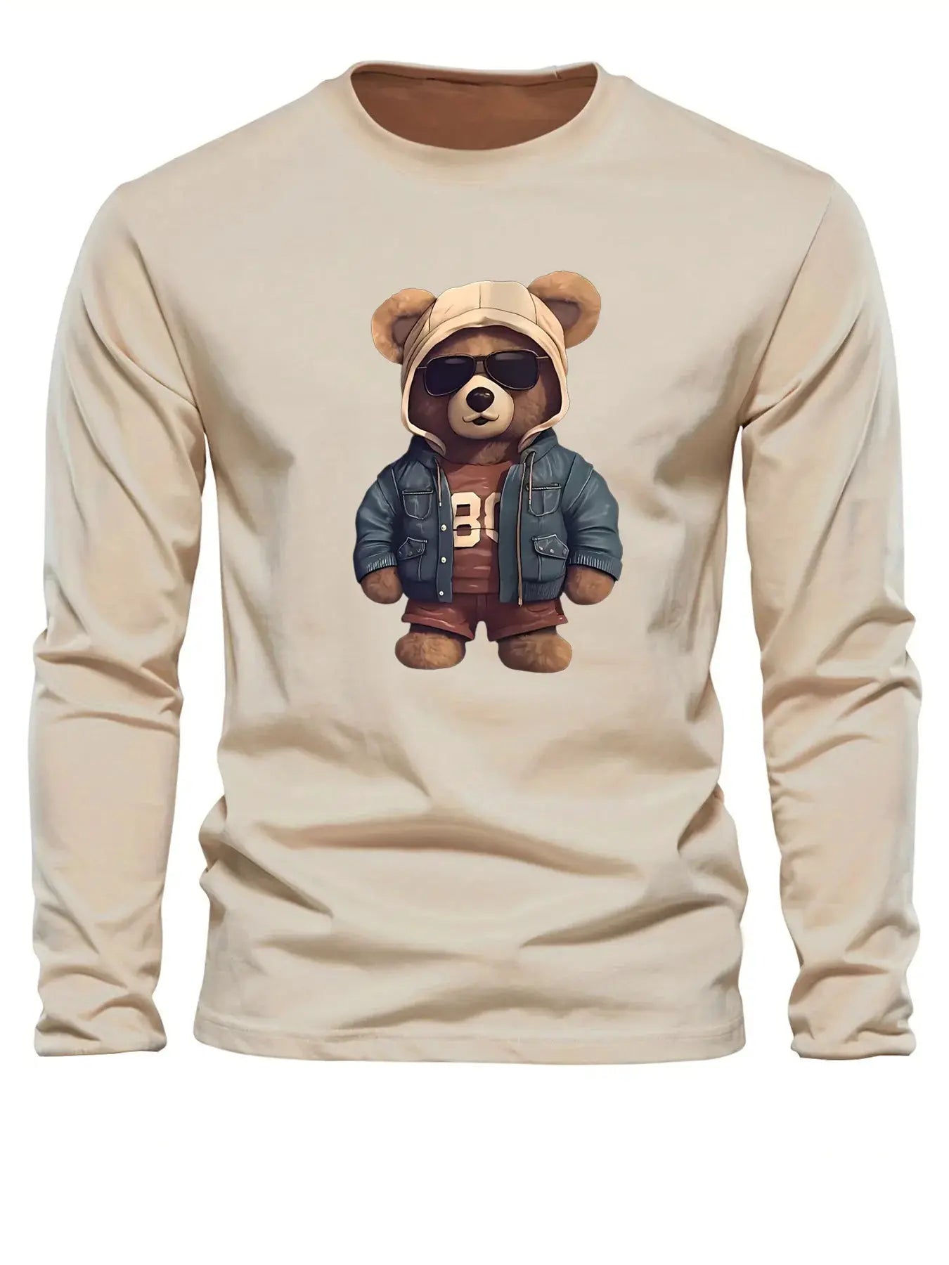 100 cotton men's casual long sleeved round neck loose bear pattern printed autumn and winter T-shirt top versatile by All Mart Bristol Ltd