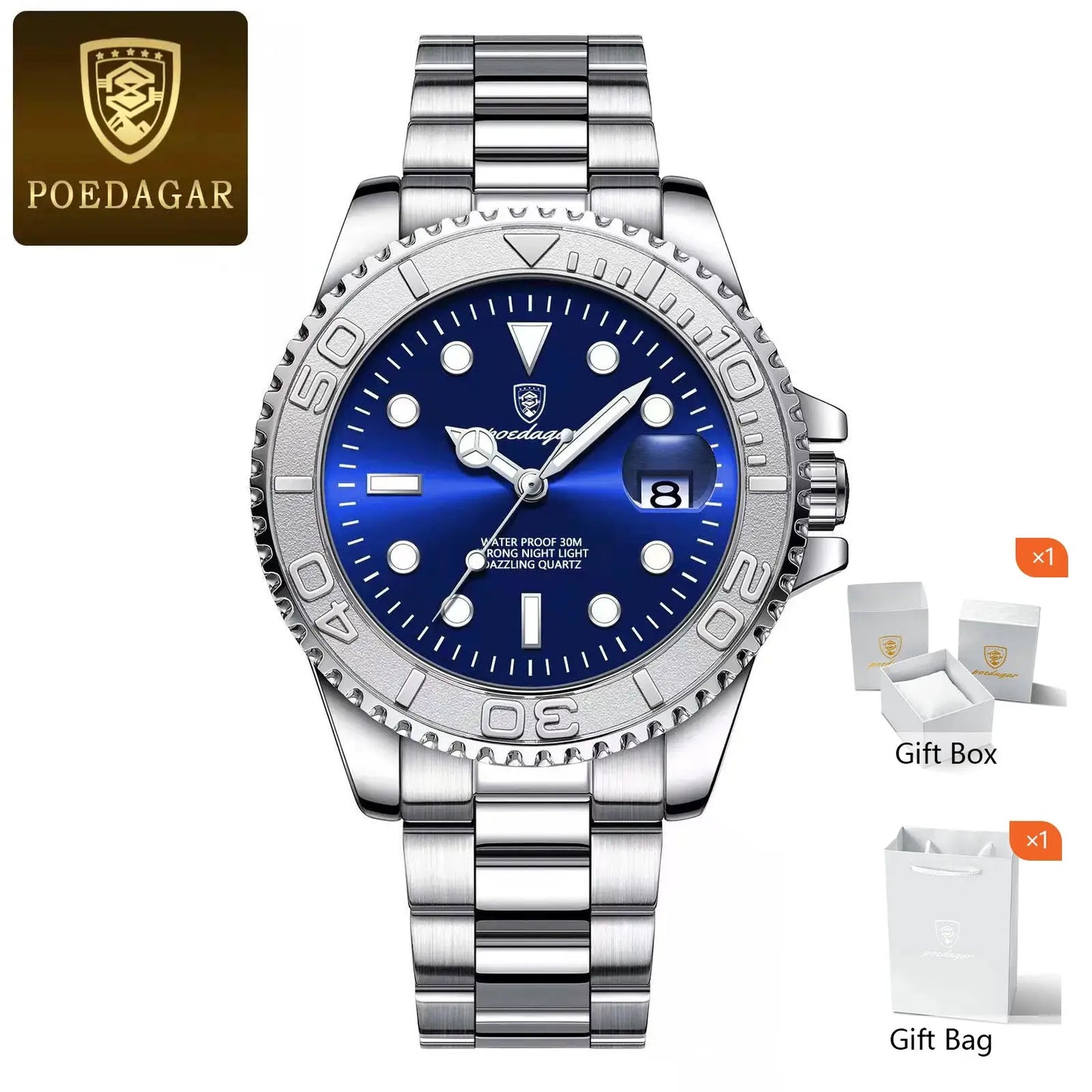 POEDAGAR Trendy Sport Man Watch Luminous Waterproof Stainless Steel Date Men Wristwatch Luxury Business Men's Quartz Watches+Box by All Mart Bristol Ltd