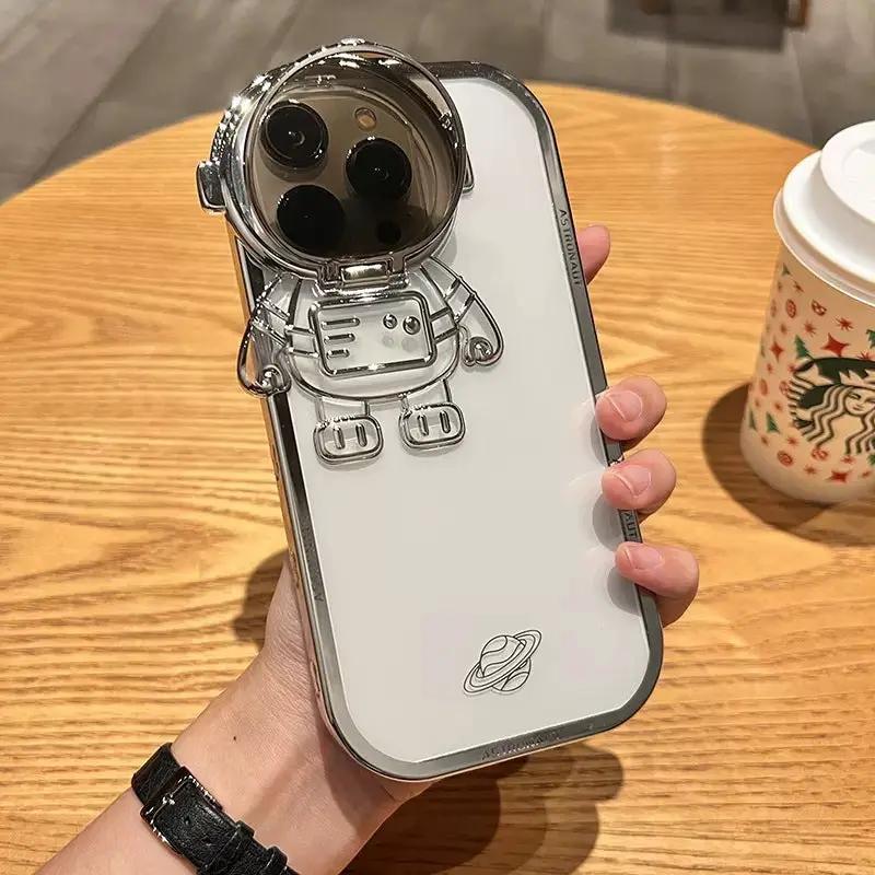 Glitter Astronaut Camera Stand Phone Case For I14 13 12 11 Pro Max XR 14 Plus Invisible Lens Bracket Plating Soft Cover by Dropshipman