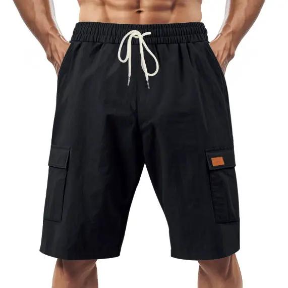 Loose Sports And Leisure Solid Color Linen Drawstring Shorts by Dropshipman