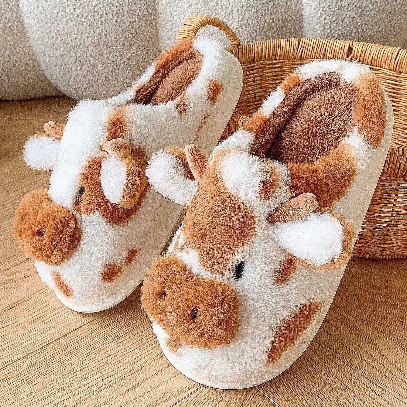 Cute Cartoon Cow Plush Slippers Winter Warm Indoor Bedroom Floor Fuzzy Slipper Couple Non-slip House Shoes by Dropshipman
