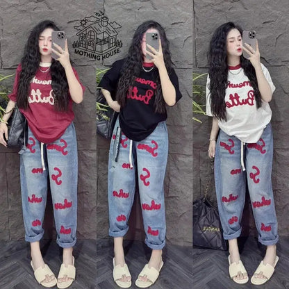 Retro Fashion Suit Women's Summer New Letter Printing Short-sleeved Milk Silk Wide-leg Pants Two-piece Set by All Mart Bristol Ltd