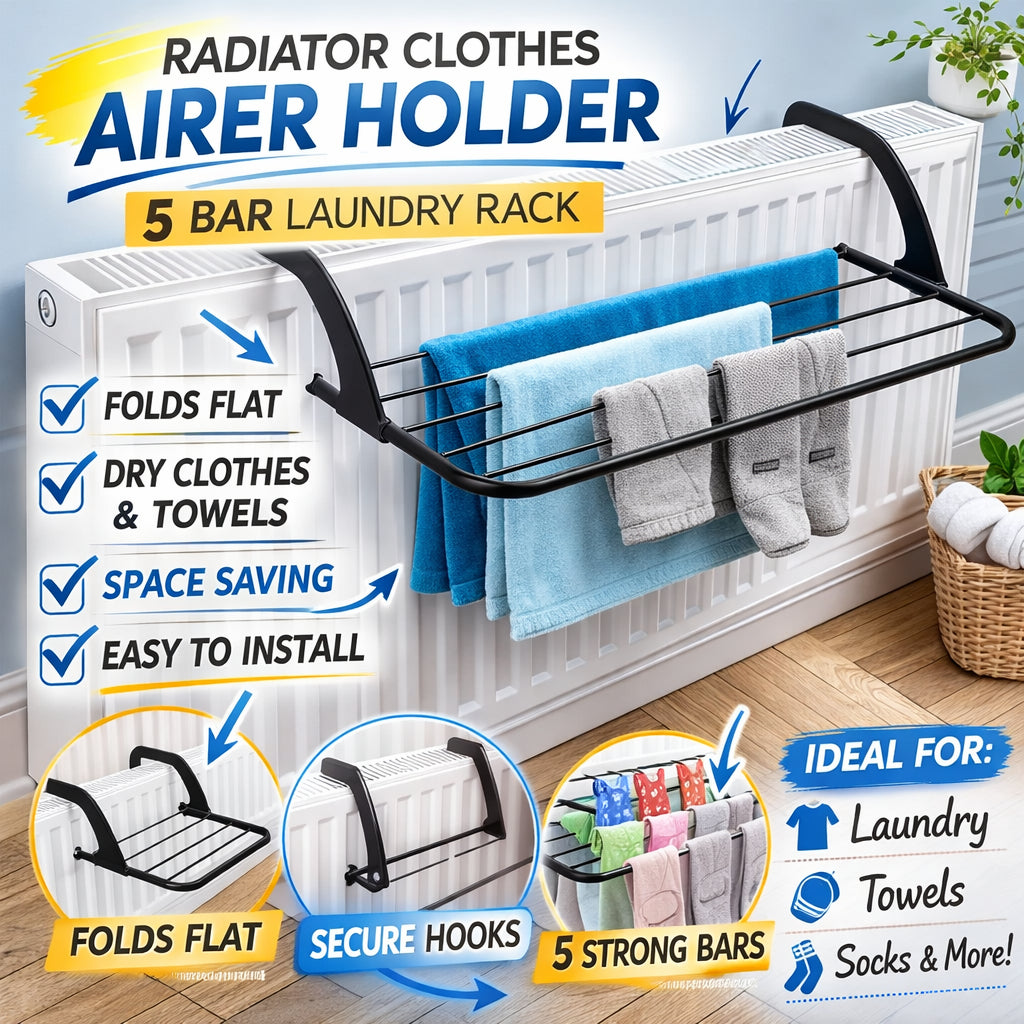 Radiator Clothes Airer Holder Folding Air Dryer Rail 5 Bar Laundry Rack Hanger by All Mart Bristol Ltd