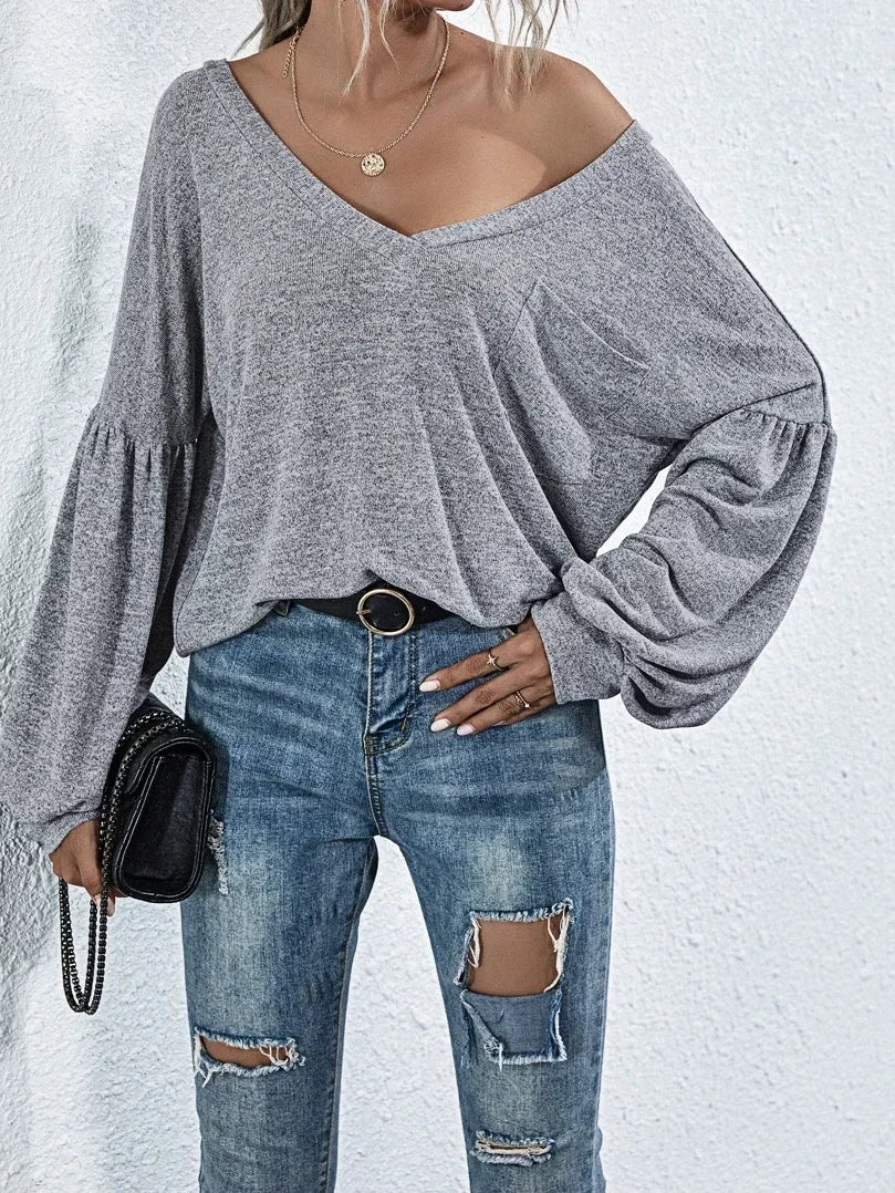Women's V-neck Solid Color T-shirt Ladies Casual Open Back Pocket Lantern Sleeve Fashion Long Sleeve T-shirt Top by All Mart Bristol Ltd