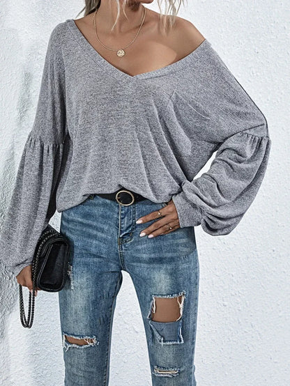 Women's V-neck Solid Color T-shirt Ladies Casual Open Back Pocket Lantern Sleeve Fashion Long Sleeve T-shirt Top by All Mart Bristol Ltd