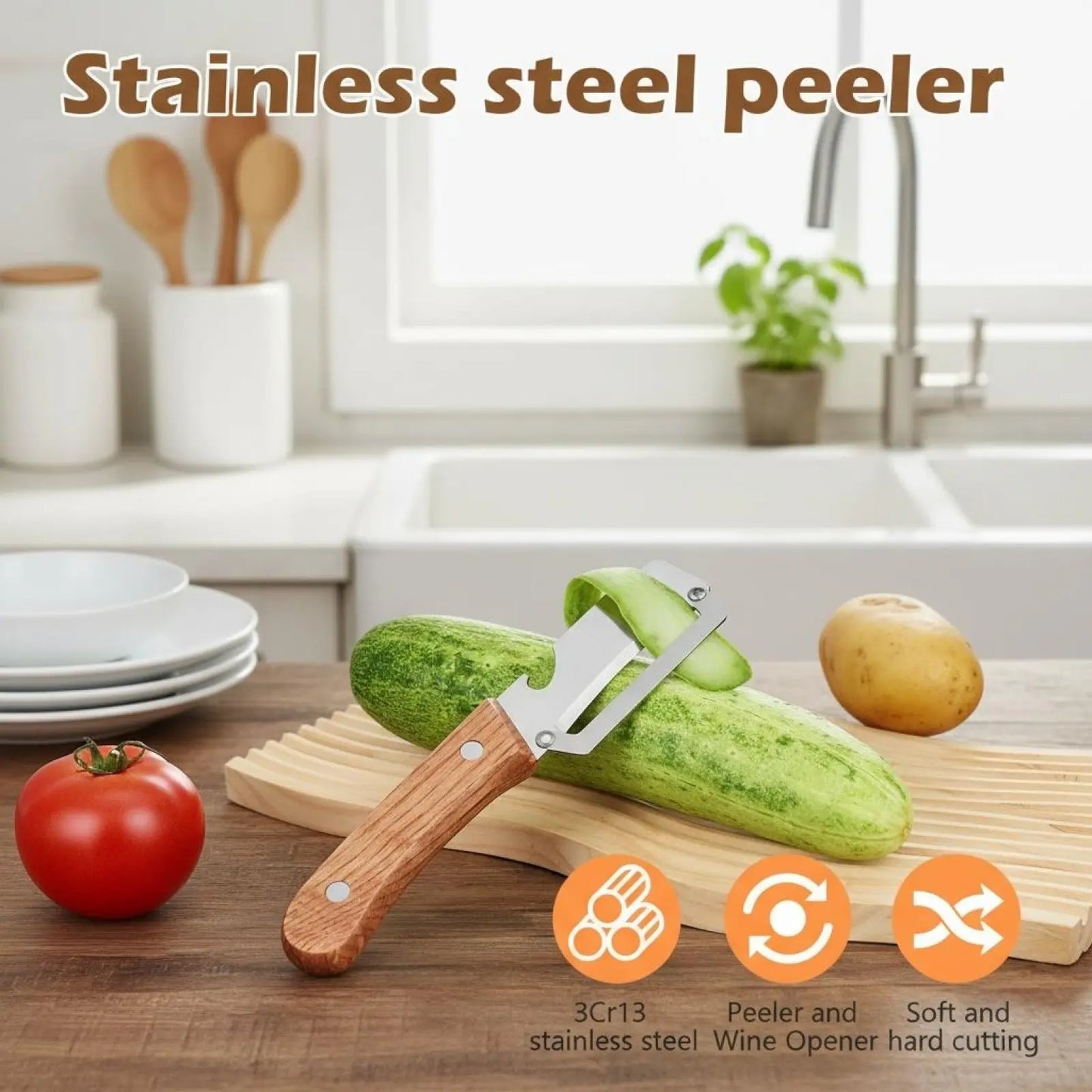 Premium-Grade Fruit & Vegetable Peeler| Sharp Stainless Steel Blade, Ergonomic Wooden Handle + Built-In Bottle Opener – Ideal for Daily Kitchen Use