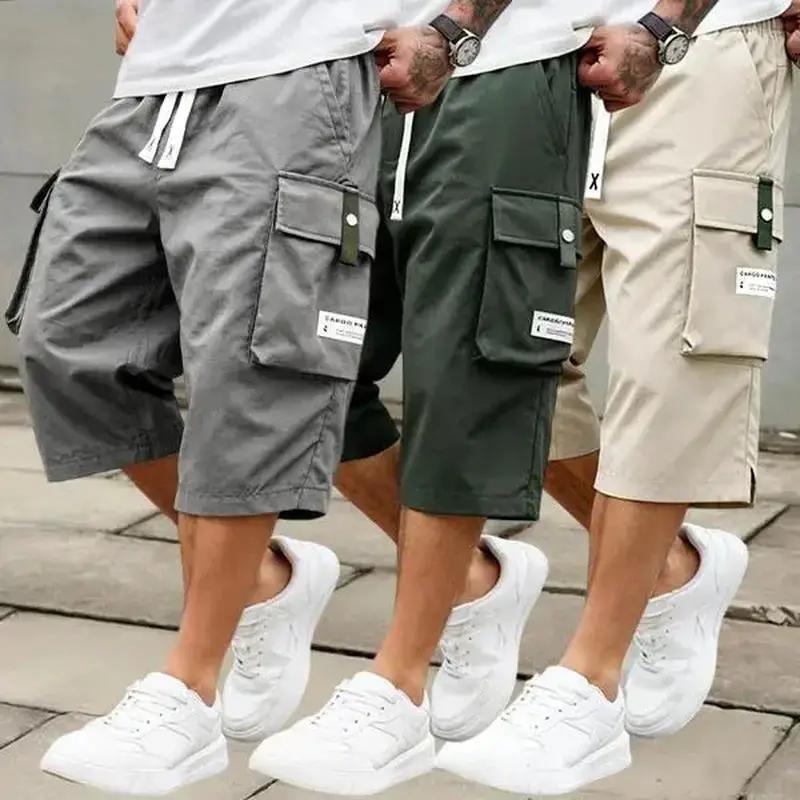 Men'S Summer Casual Cargo Shorts - Elastic Drawstring Waist, Multiple Pockets & Letter Patch Design, Regular Fit Mid-Rise Non-Stretch Fabric for Daily Wear & Leisure Activities, Nontransparent Fabric, Menswear, Minimalist Tiktokshopspringglowup