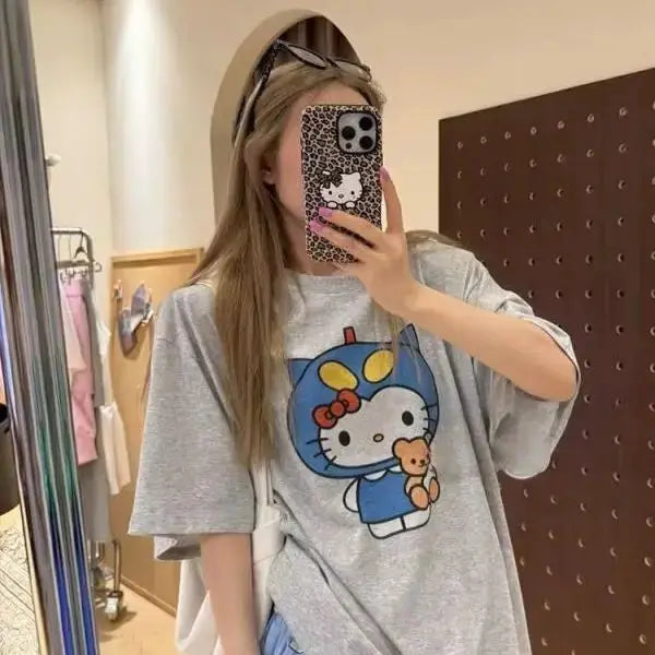 Short Sleeved Hello Kitty Printed T-Shirt Sanrio Women's Summer New Loose Design Versatile Pure Cotton Tops Fun Street Fashion by All Mart Bristol Ltd