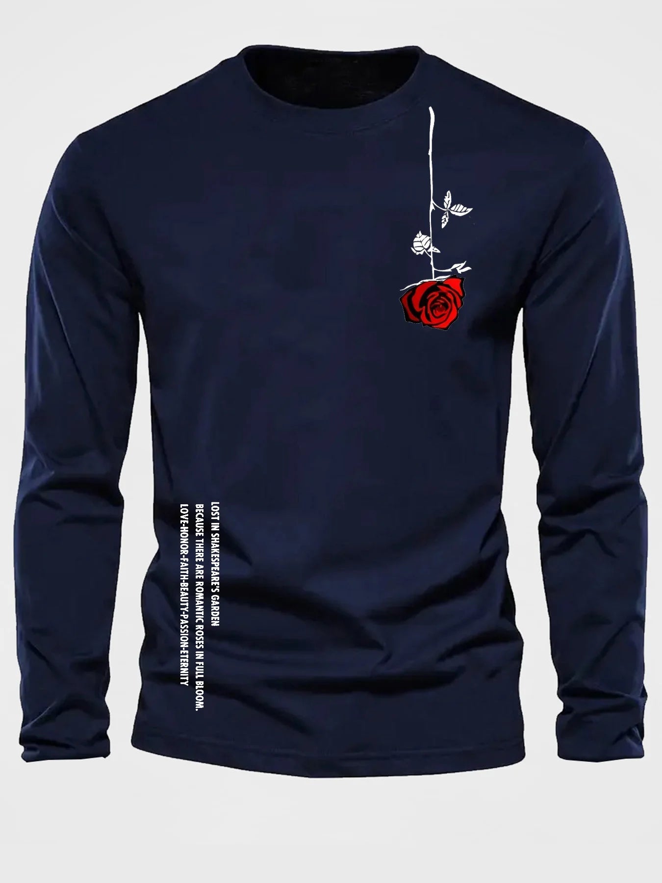 100% pure cotton men's long sleeved round neck loose casual rose letter printed spring and autumn versatile T-shirt top by All Mart Bristol Ltd