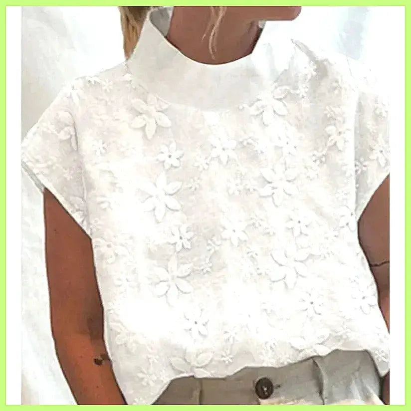 Women's Cotton Linen Pullover Shirt, Elegant Lace Trim Slim Fit Stand Collar Top for Summer Streetwear by All Mart Bristol Ltd