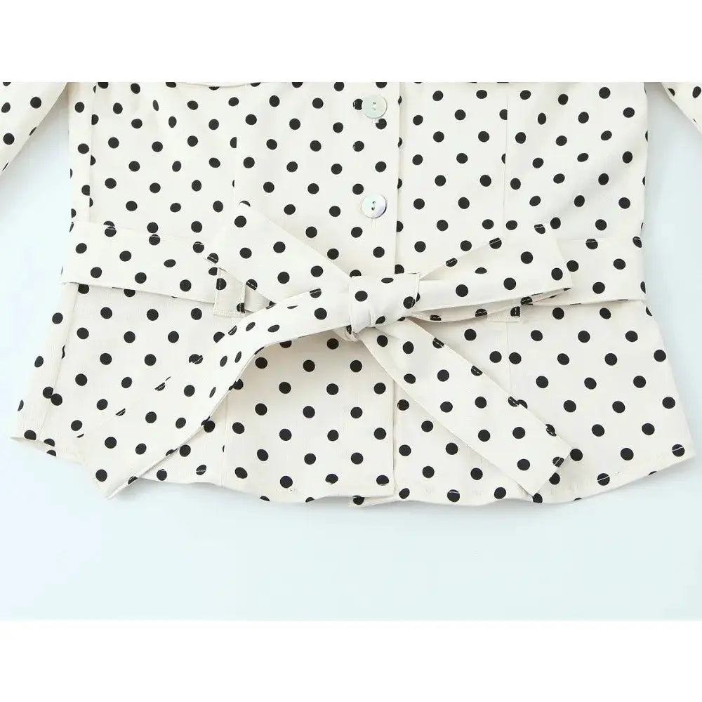 Elegant Chic Fitted Polka Dot 2 Piece Sets for Women Spring New Matching Sets Polka Dot Shirt Jacket with Tie Belt + Capri Pants by All Mart Bristol Ltd