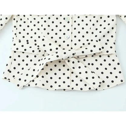 Elegant Chic Fitted Polka Dot 2 Piece Sets for Women Spring New Matching Sets Polka Dot Shirt Jacket with Tie Belt + Capri Pants by All Mart Bristol Ltd