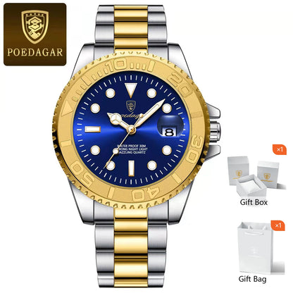 POEDAGAR Trendy Sport Man Watch Luminous Waterproof Stainless Steel Date Men Wristwatch Luxury Business Men's Quartz Watches+Box by All Mart Bristol Ltd