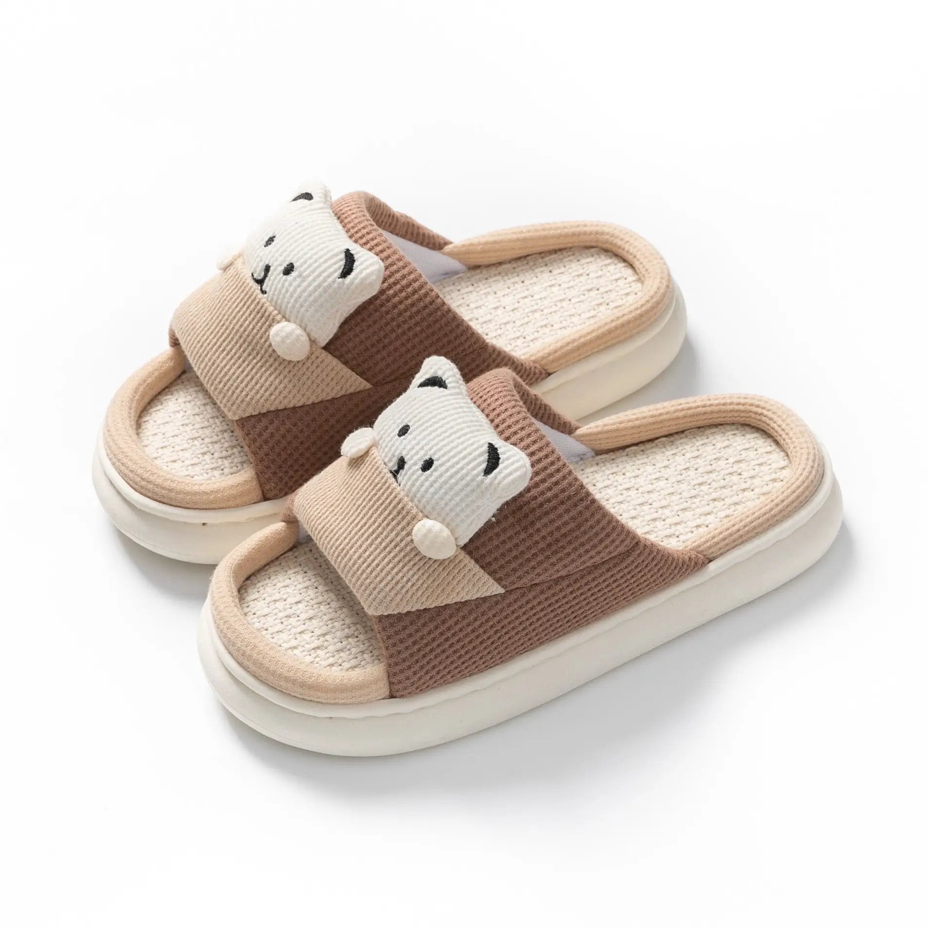 Cute Cartoon Bear Slippers Spring And Autumn Fashion Thick-soled Mute Linen Slipper Women's House Shoes by Dropshipman