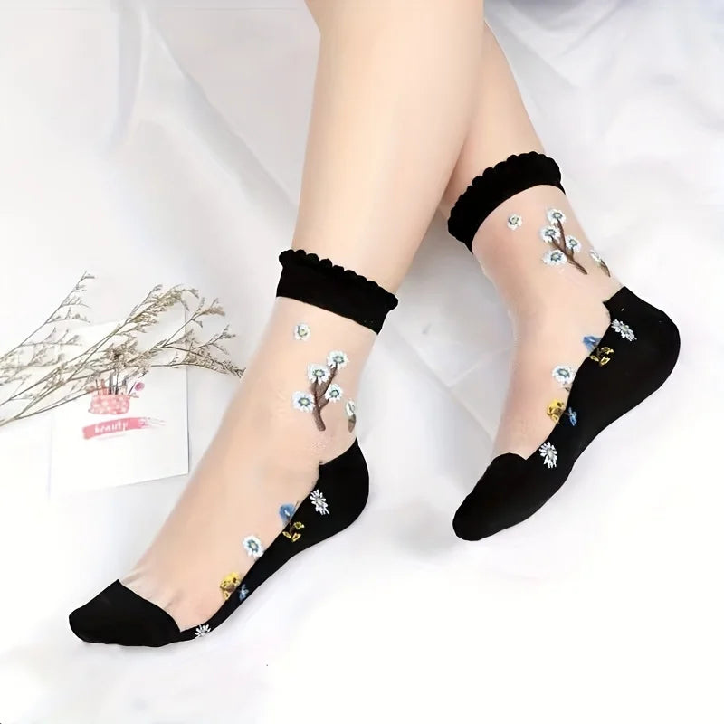 5 Pairs Floral Embroidery Sheer Socks, Ultra-Thin Crystal Silk, Breathable Non-Slip Ankle Socks for Women