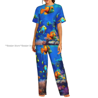 Women's Comfort Pajamas Women's Sea Fish Marine Life Short Sleeve Set Sleepwear by All Mart Bristol Ltd