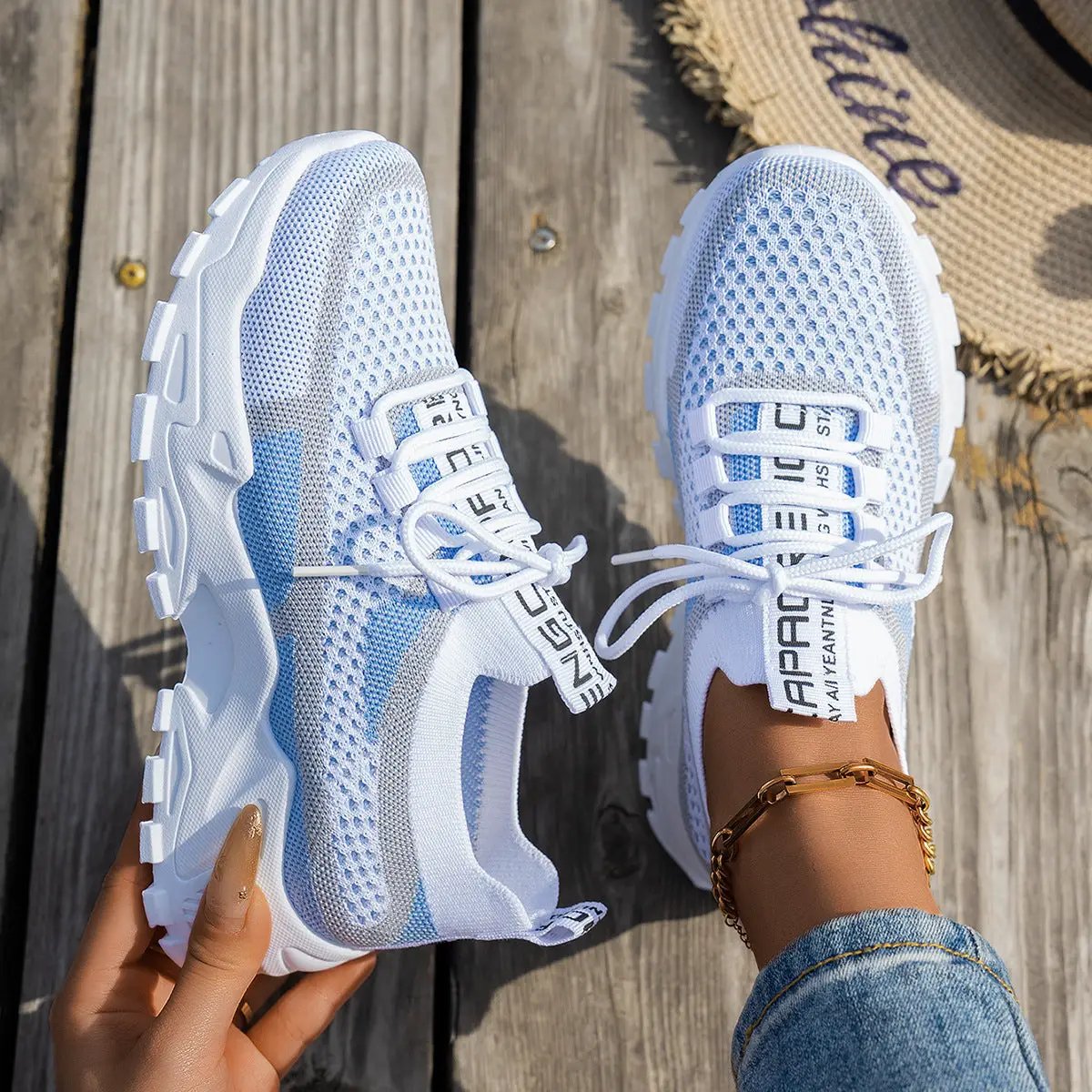 Flyknit Mesh Shoes Women's Breathable Lace-up Sneakers Walking Running Casual Shoes by Dropshipman