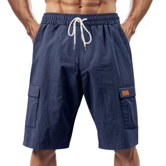 Loose Sports And Leisure Solid Color Linen Drawstring Shorts by Dropshipman