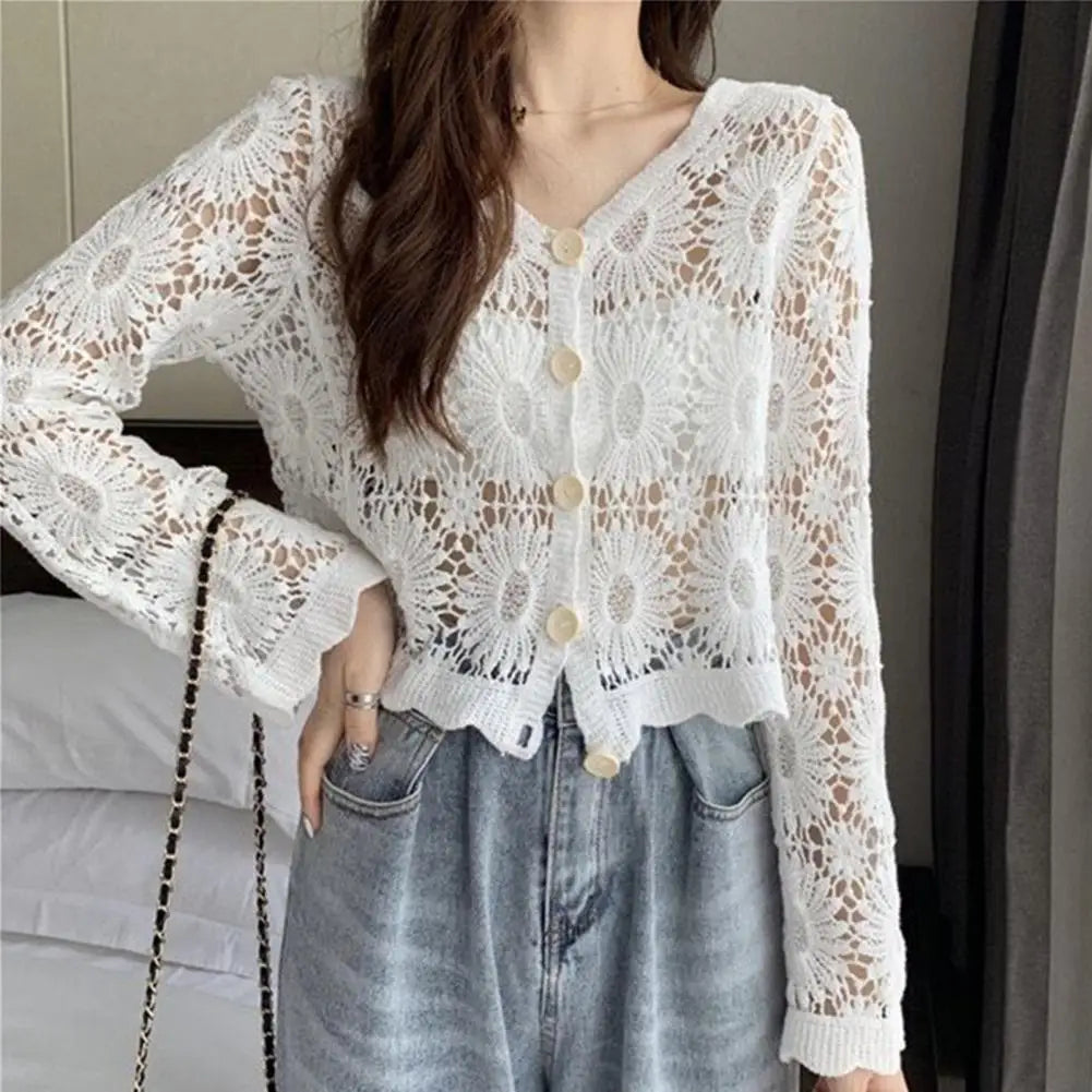 Handcrafted Lace Cardigan Crochet Women Cardigan 2025 3/4 Sleeve Hollow Out Open Front Sheer Sweater Boho Summer Knit Shrug by All Mart Bristol Ltd