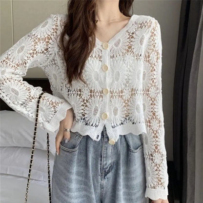 Handcrafted Lace Cardigan Crochet Women Cardigan 2025 3/4 Sleeve Hollow Out Open Front Sheer Sweater Boho Summer Knit Shrug by All Mart Bristol Ltd