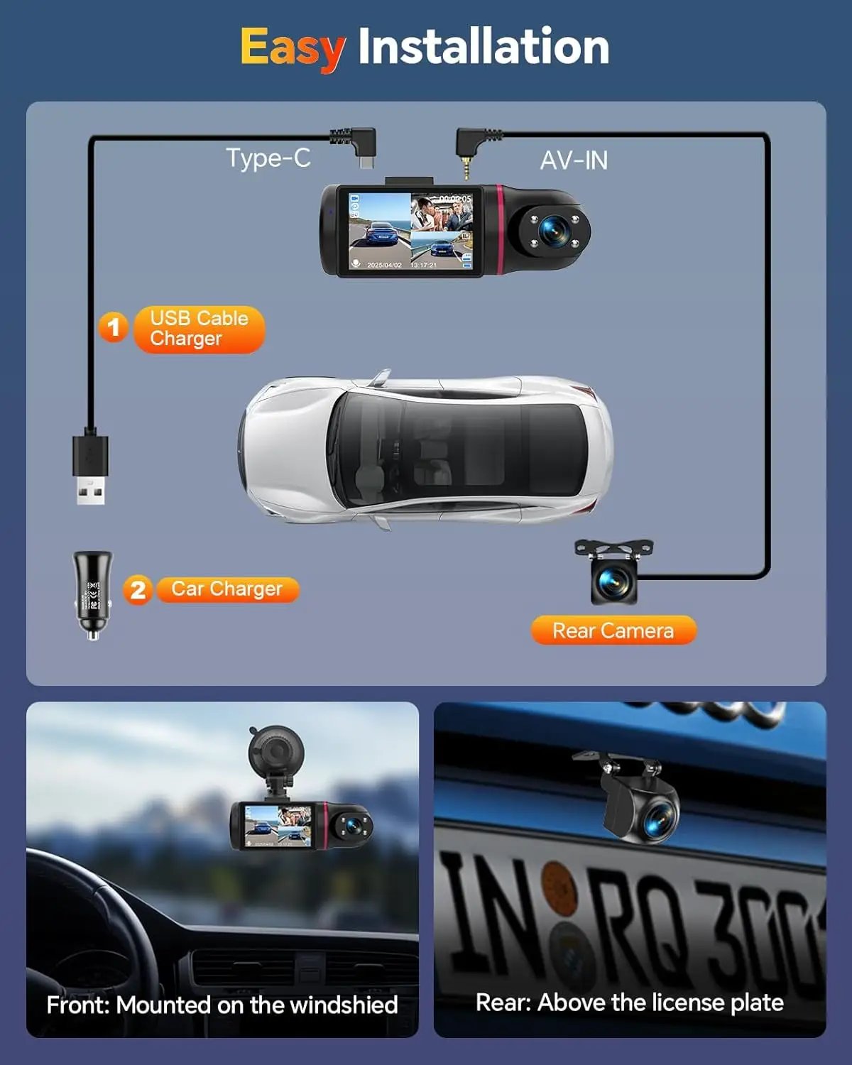 Triple Channel 1080P Dash Cam for Cars - Front & Rear Cameras with Night Vision, G-Sensor, Loop Recording & 64GB Card Included by All Mart Bristol Ltd