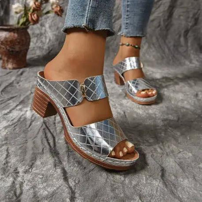 Chunky Heel Sandals Summer Round Toe Plaid Slides Slippers Fashion Outdoor High Heels Shoes For Women by Dropshipman