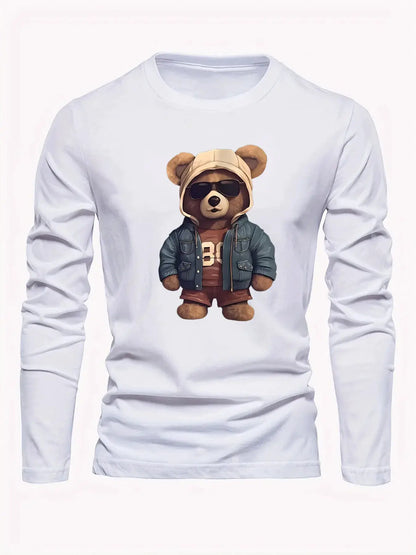 100 cotton men's casual long sleeved round neck loose bear pattern printed autumn and winter T-shirt top versatile by All Mart Bristol Ltd