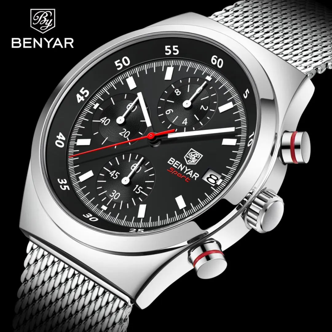 BENYAR Top Luxury Brand Men's Business Leisure Watch Mesh Band Quartz Timing Men's Watch 30 Meter Waterproof by All Mart Bristol Ltd